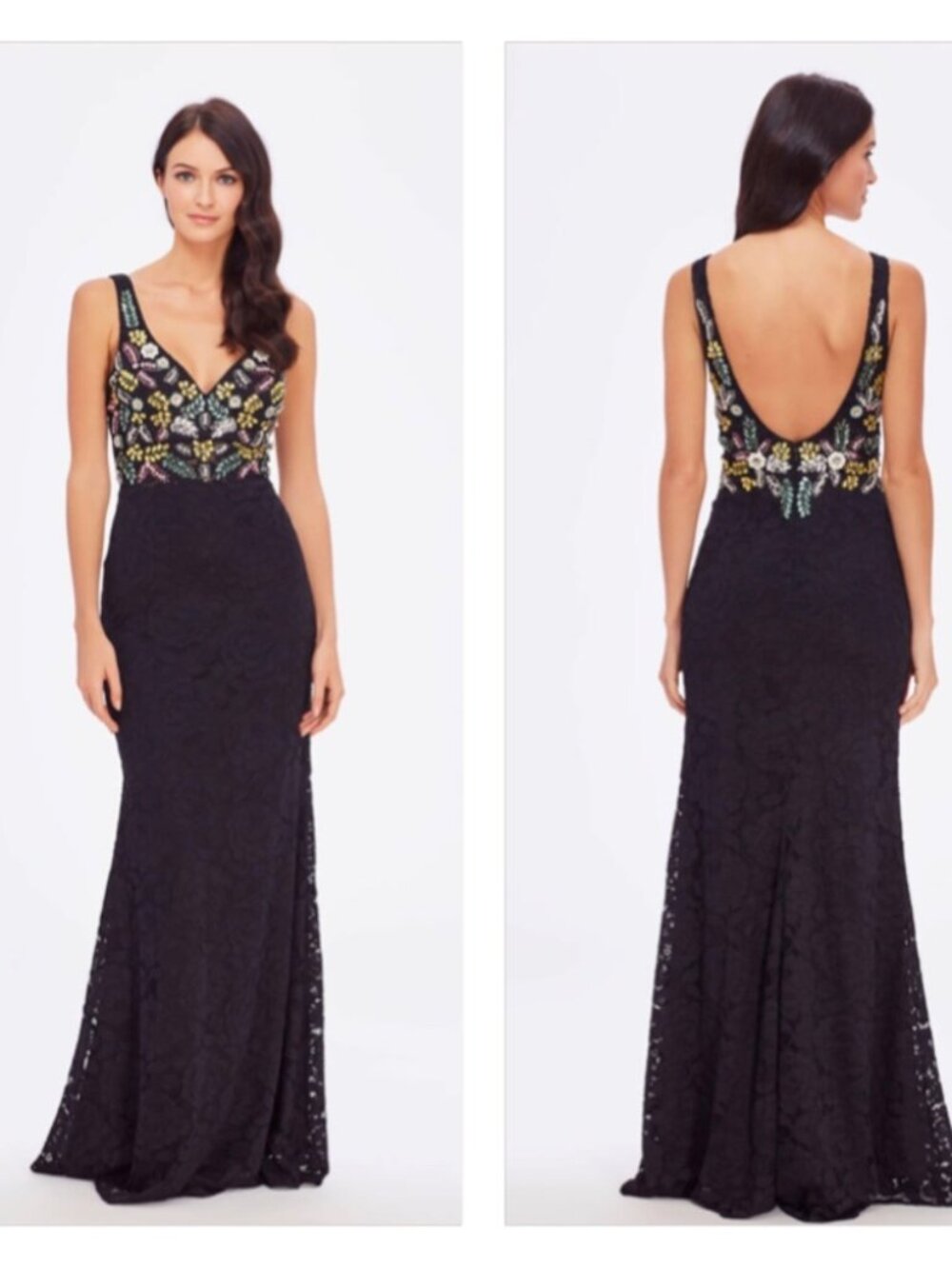 Betsy & Adam Long V-Neck Lace Bead Bodice Dress 0024